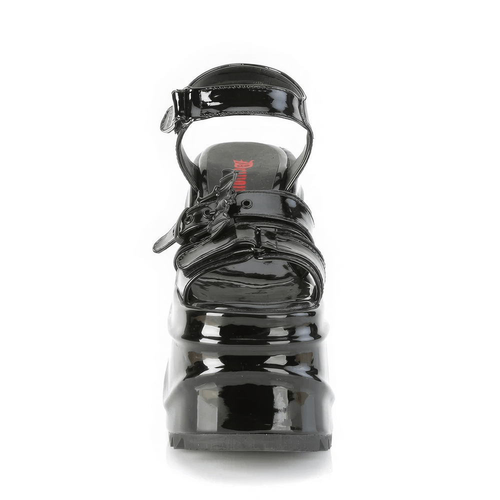 Front view of DEMONIA Gothic Platform Sandals with Bat Buckle in shiny black vegan patent leather.