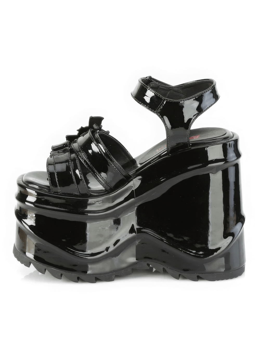 Demonia Gothic Platform Sandals with Bat Buckle Strap, stylish black vegan patent leather shoes.