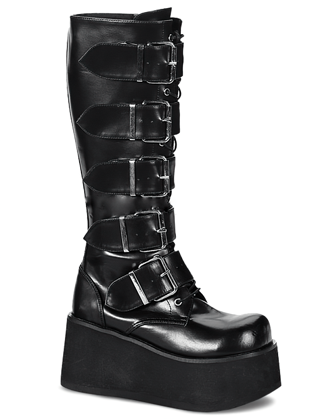 Black knee-high platform boots with adjustable buckles and a 3.25-inch platform for a gothic punk style.