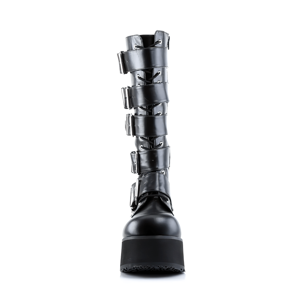 DEMONIA Gothic Punk Knee-High Platform Boots with adjustable buckles, showcasing a bold 3.25-inch platform and sleek design.