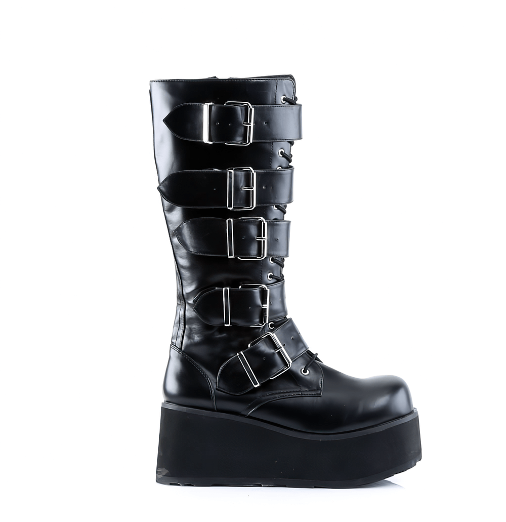 Demonia gothic punk knee-high platform boots with adjustable buckles, featuring a bold 3.25-inch platform.