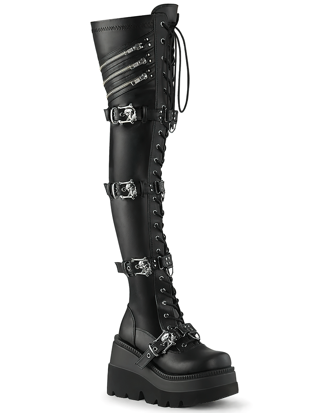 DEMONIA Gothic Skull Buckles Wedge Thigh High Boots