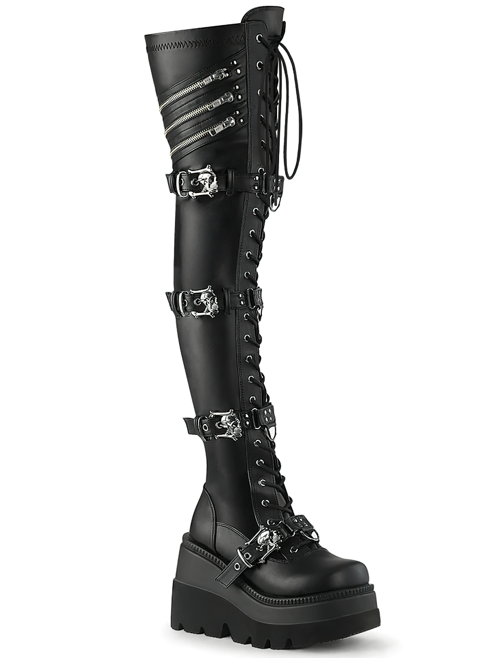 Daring Demonia gothic thigh-high wedge boots with skull buckles and lace-up front, made from vegan leather.