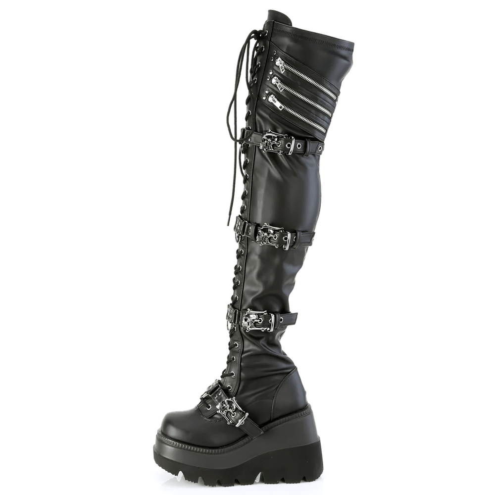 DEMONIA Gothic Skull Buckles Wedge Thigh High Boots