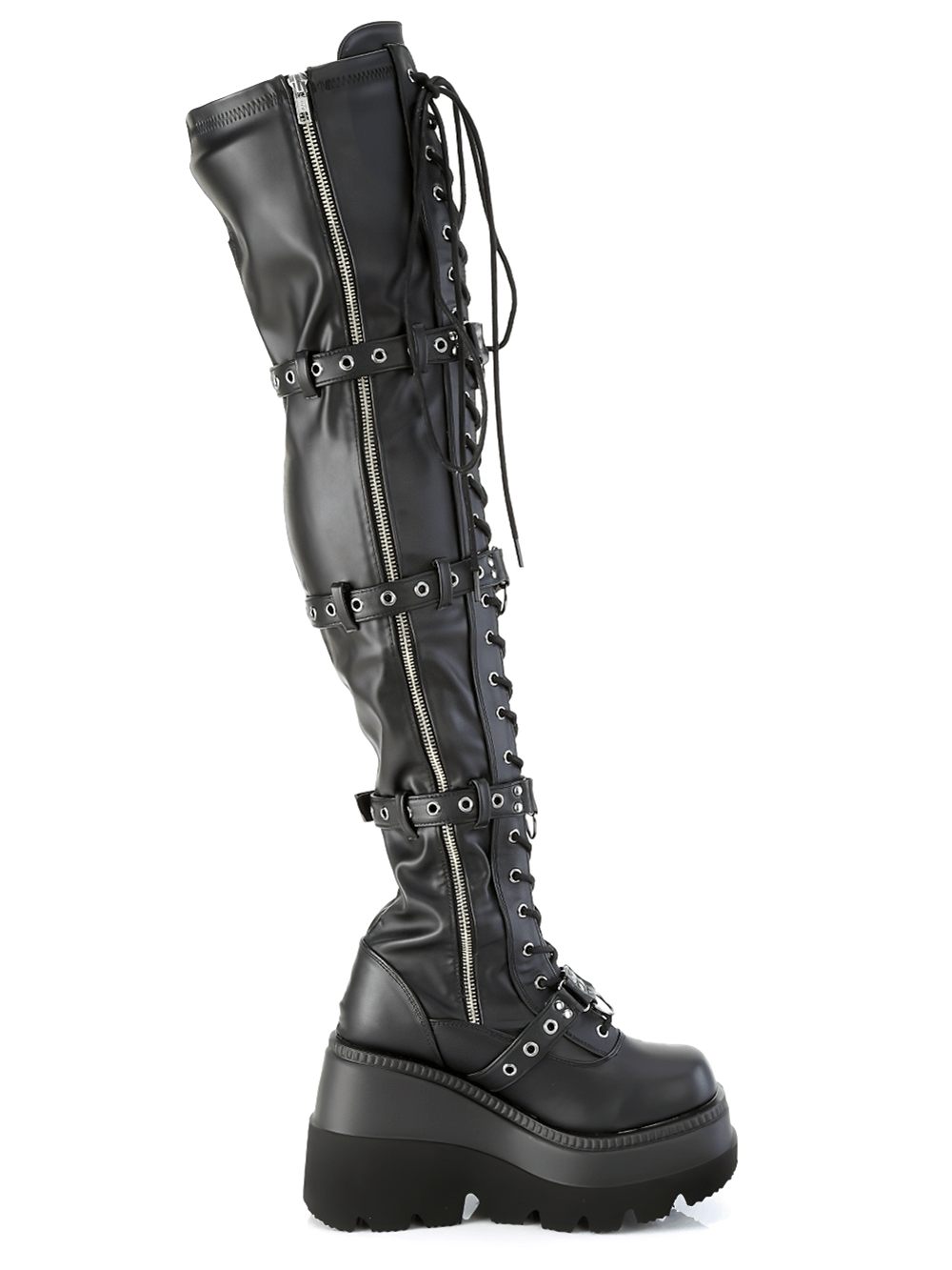 Daring Demonia Gothic skull buckle thigh high boots in black vegan leather with lace-up and wedge platform design.