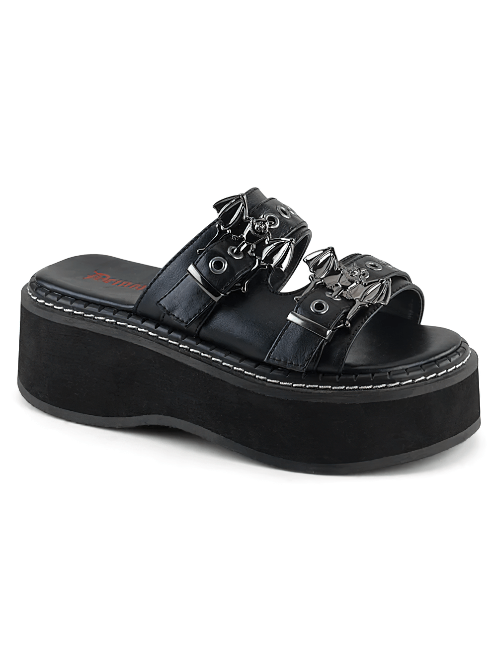 Demonia Gothic slide sandals with riveted bat buckles and 2-inch platform, crafted from black vegan leather.