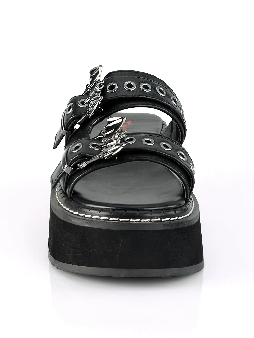 DEMONIA Gothic Slide Sandals with riveted bat buckles and 2" platform, perfect for summer style and festivals.