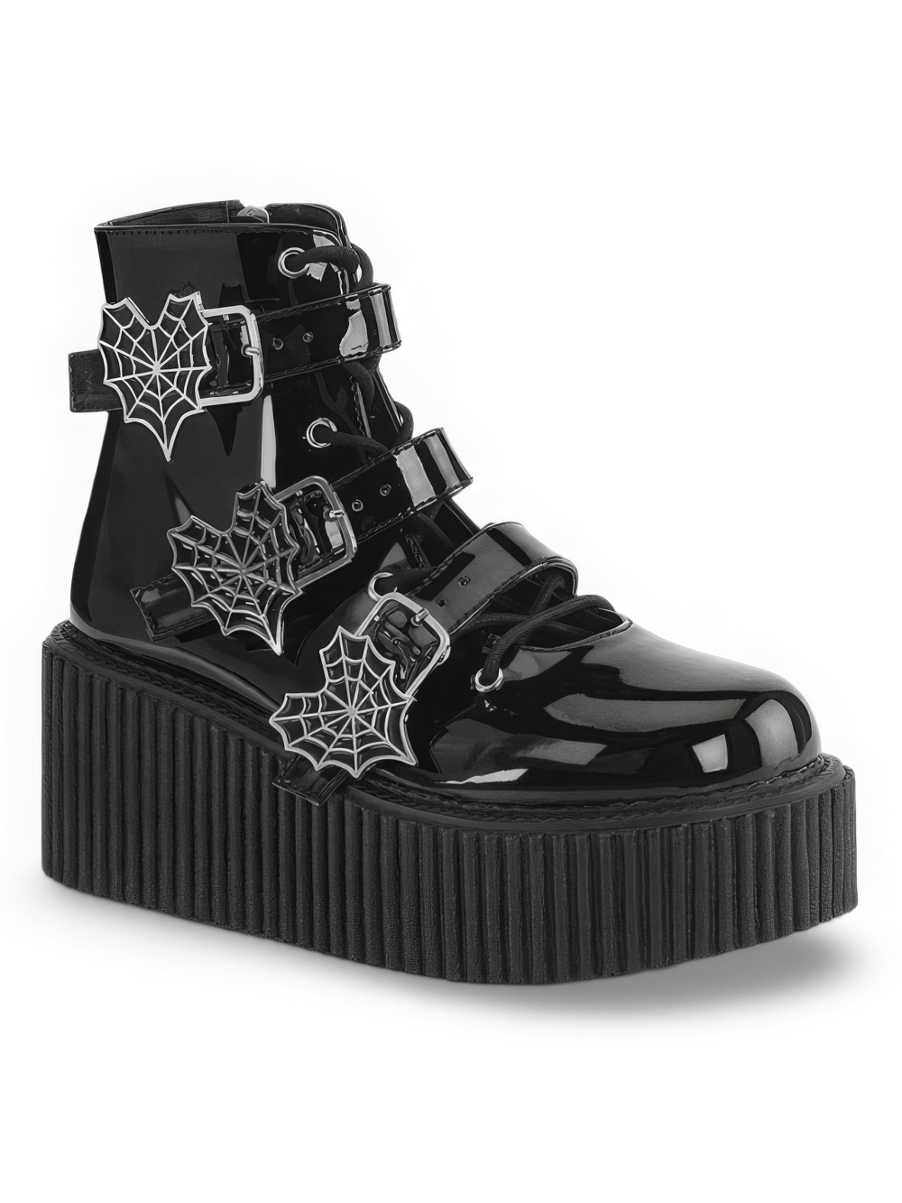 Gothic platform boots with spider web buckle straps and a sleek black patent finish.