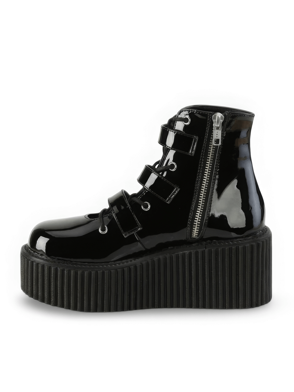 Demonia Gothic Spider Web Strap Platform Boots in sleek black vegan leather with buckle straps.