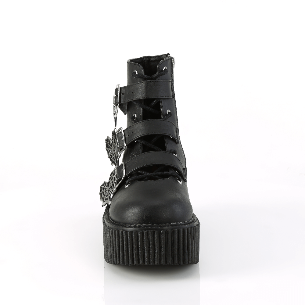 Demonia gothic style black spider platform ankle boots with heart-shaped buckle straps and bold 3-inch platform.