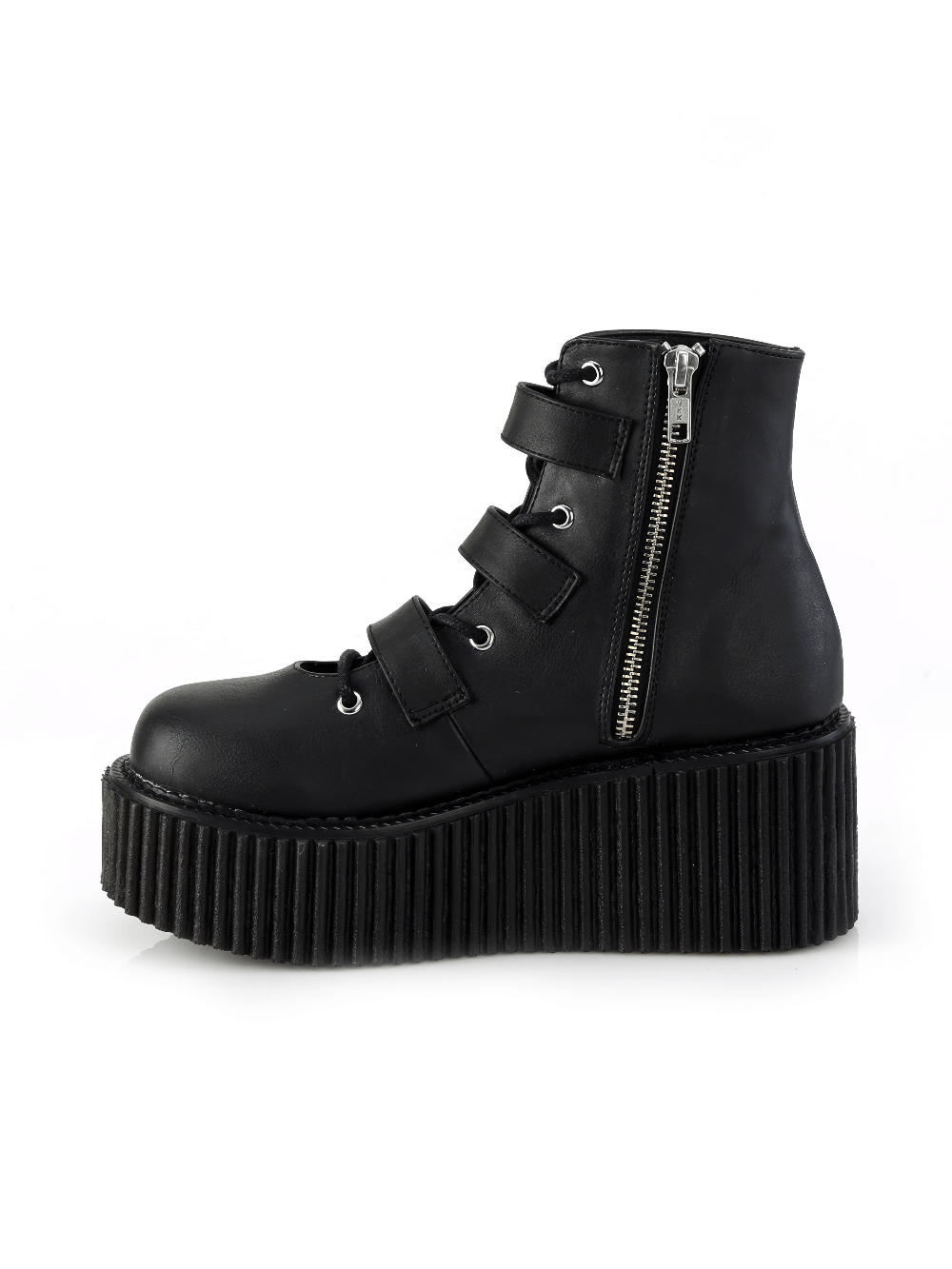 Gothic black platform ankle boots with spider web buckles and zipper detailing.