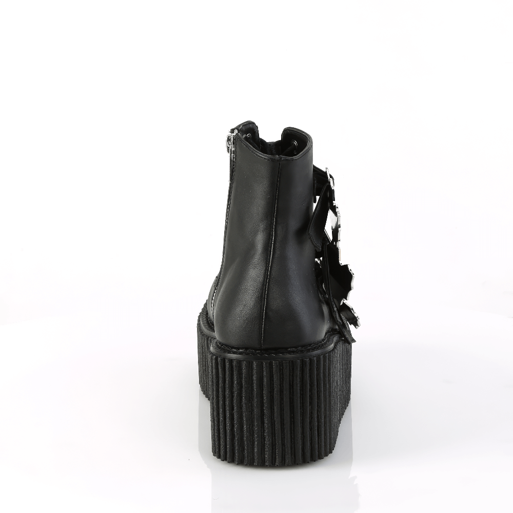 Back view of DEMONIA Gothic Style Spider Platform Ankle Boots in black vegan leather with heart-shaped buckle straps.