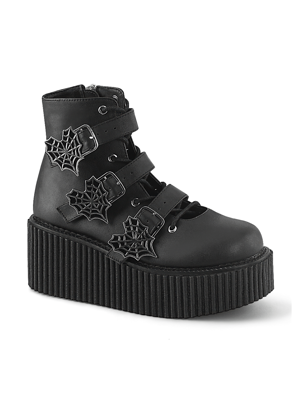 Gothic black platform ankle boots with spider web buckle straps, perfect for edgy, stylish looks.