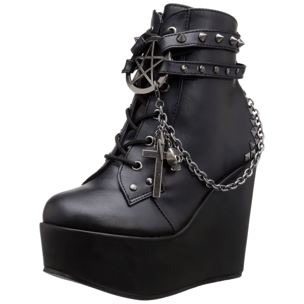 Demonia Gothic Wedge Platform Boots with pentagram, studded straps, and lace-up detail for a bold style.