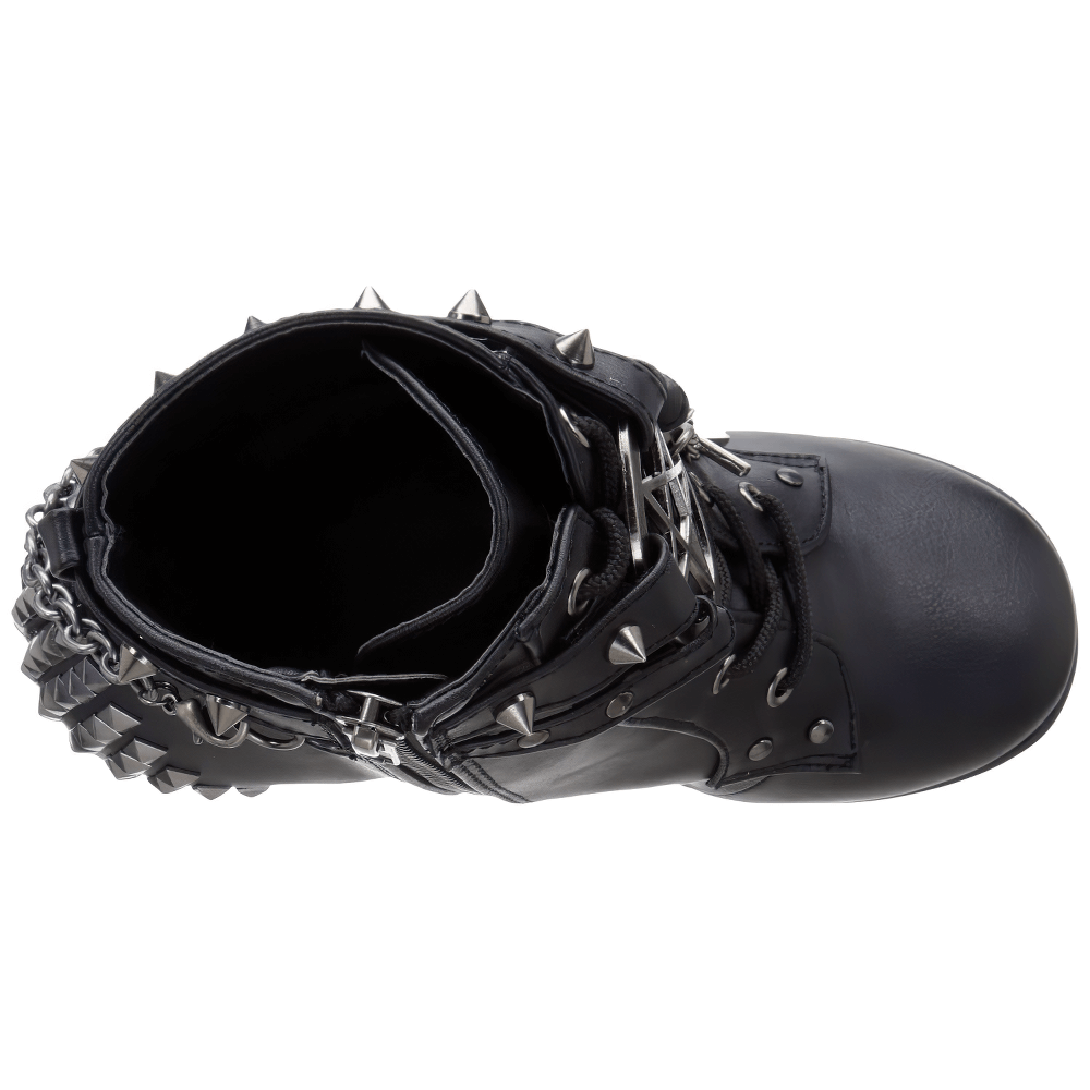 Top view of DEMONIA Gothic wedge platform boots with studded straps and pentagram detailing.