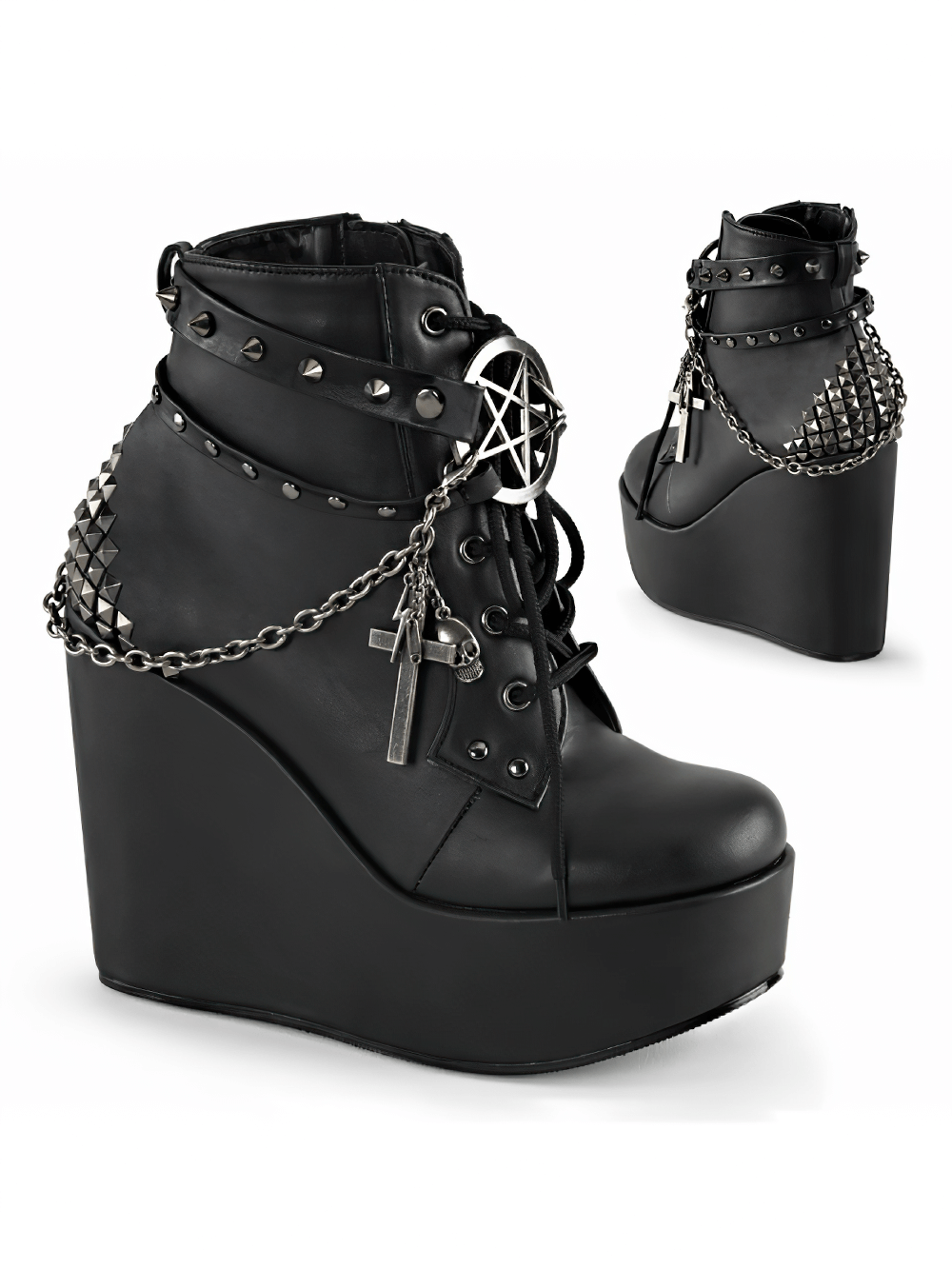 Demonia gothic wedge platform boots with studded straps and pentagram detail, perfect for edgy styles.