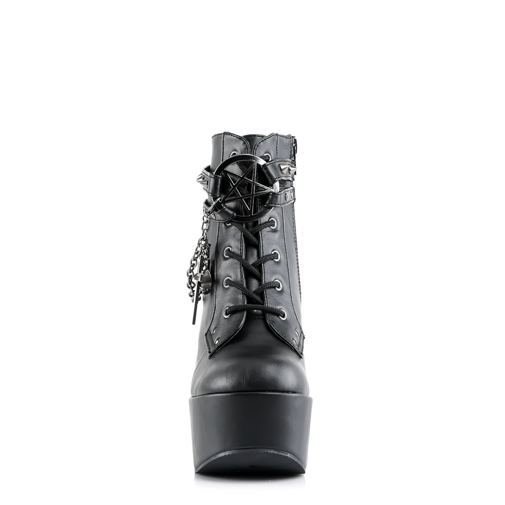 Demonia Gothic wedge platform boots with pentagram detail and studded straps, stylish lace-up ankle booties.