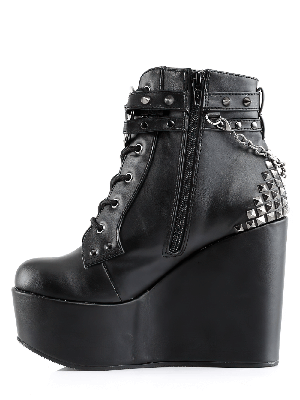 Demonia gothic wedge platform boots with studded straps and pentagram detailing, featuring a 5-inch heel.