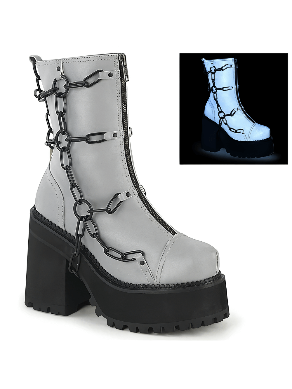 Demonia gray reflective vegan leather ankle boot with chain detail and block heel, showcasing edgy punk style.
