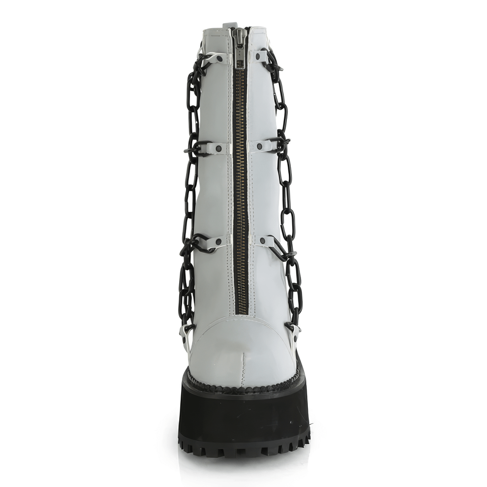 Demonia gray reflective vegan leather ankle boot with chain detail and zip closure, perfect for edgy fashion statements.