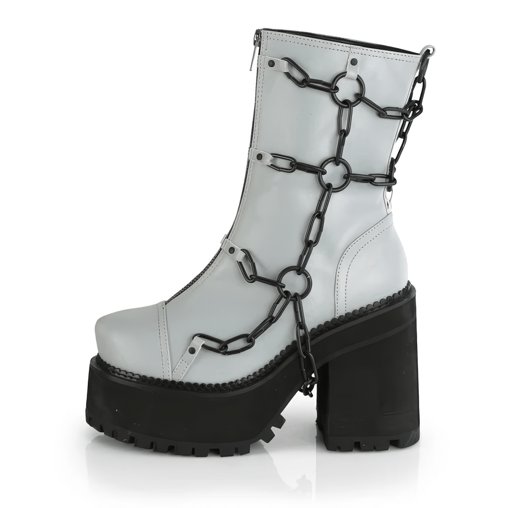 DEMONIA Gray Reflective Vegan Leather Ankle Boot with Chain