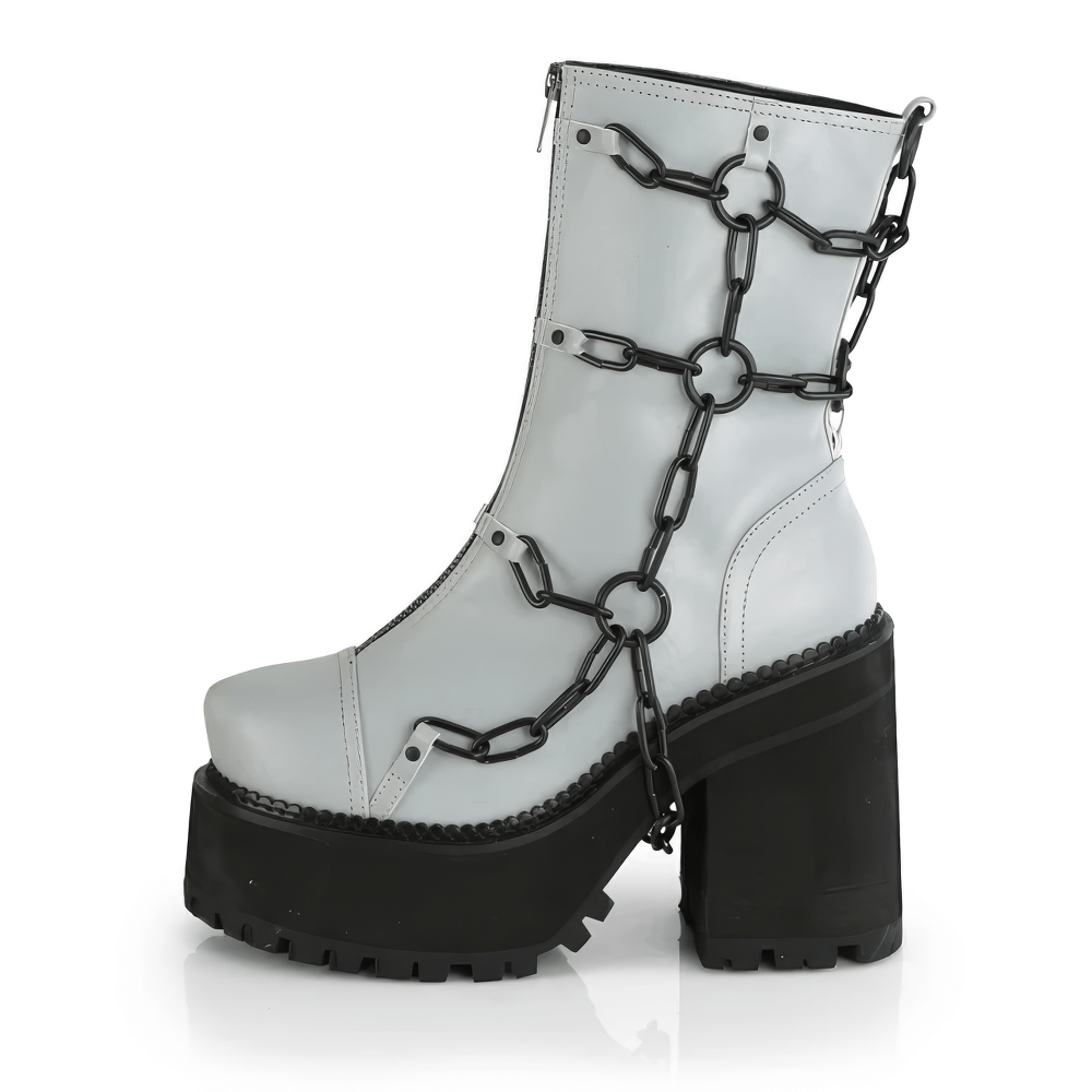 Demonia gray vegan leather ankle boot featuring chain detailing and chunky cleated platform for edgy style.