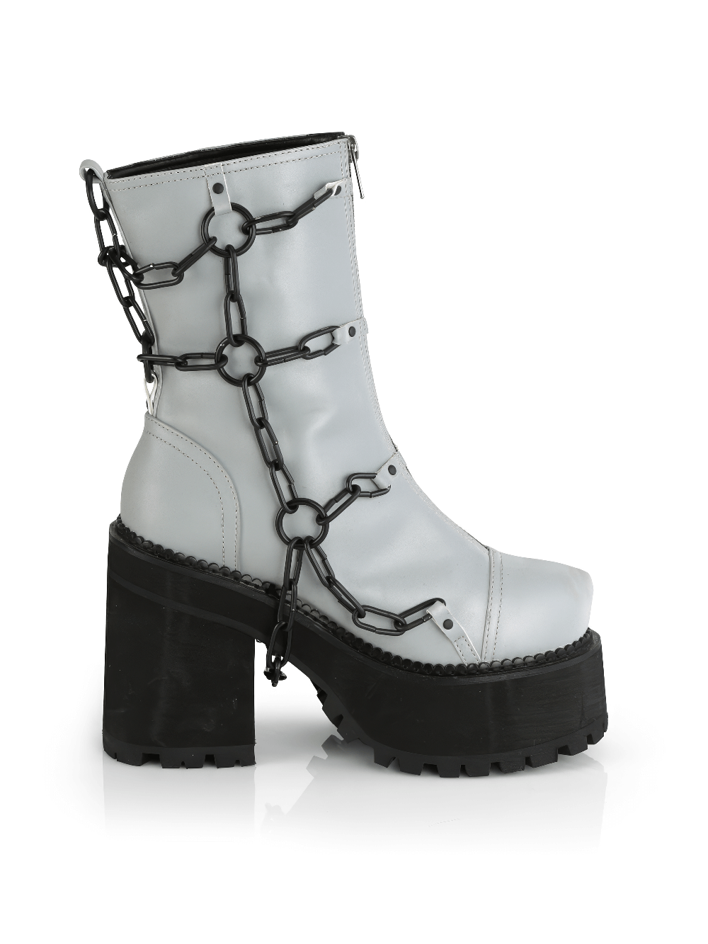 Demonia gray reflective vegan leather ankle boot with chain detailing and cleated platform.