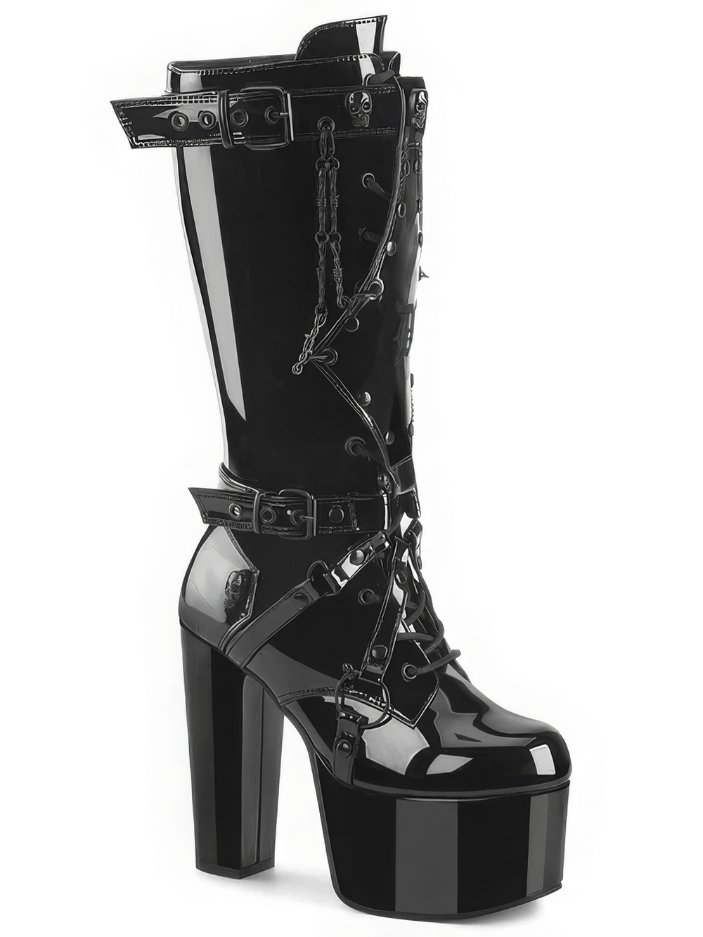 Demonia knee-high platform boots with harness and barbed wire chain in shiny black vegan patent leather.
