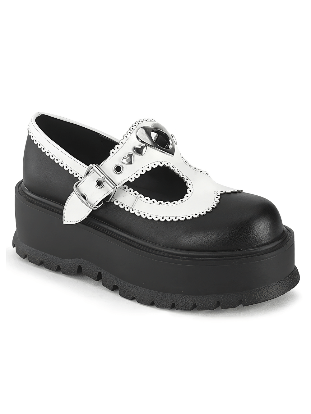 Daring black Mary Jane shoes with heart details, featuring a 2-inch platform and scalloped edges for a unique edgy style.