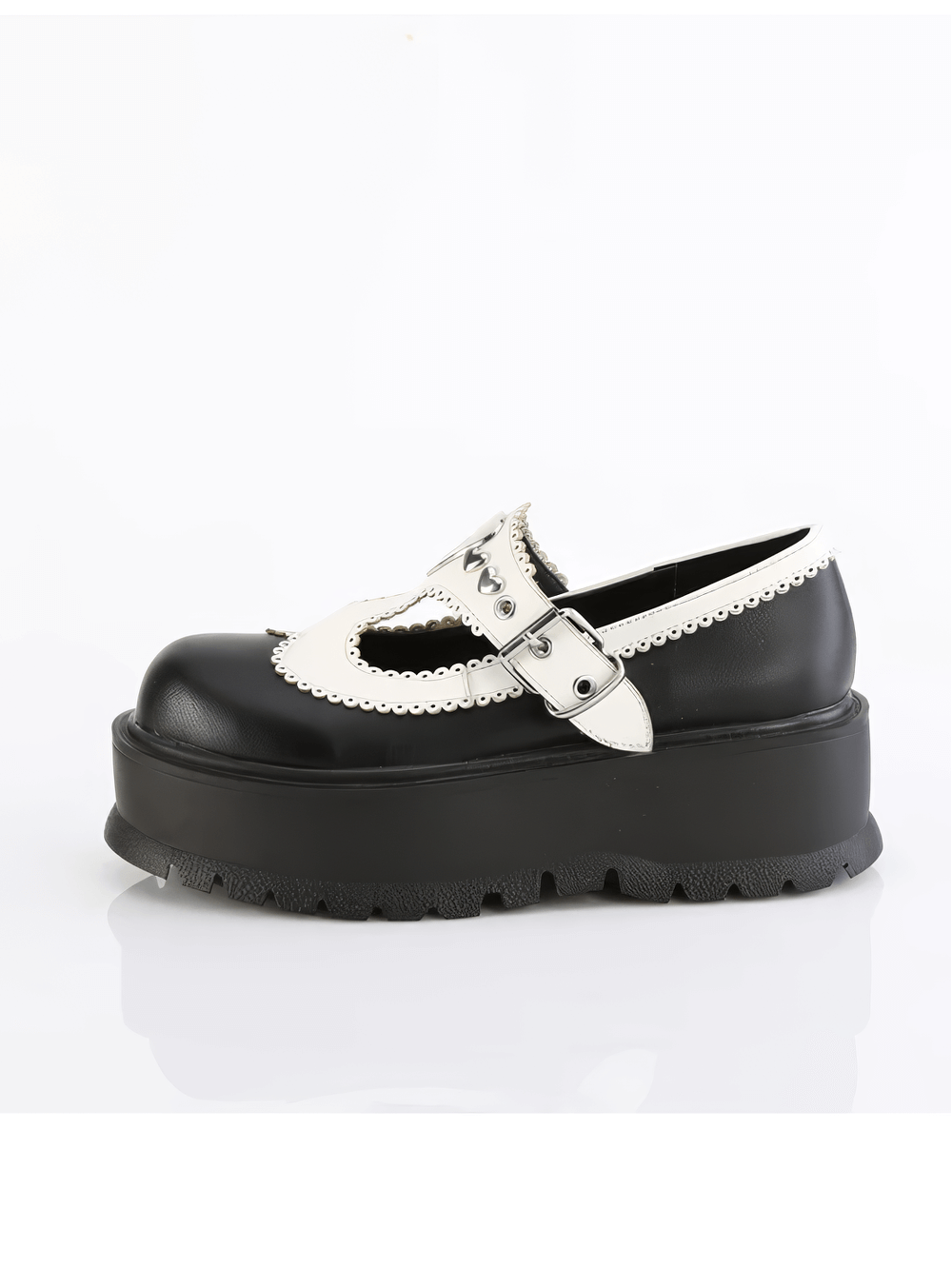 Daring black platform Mary Jane shoes with heart details and scallop edges, perfect for a stylish yet edgy look.