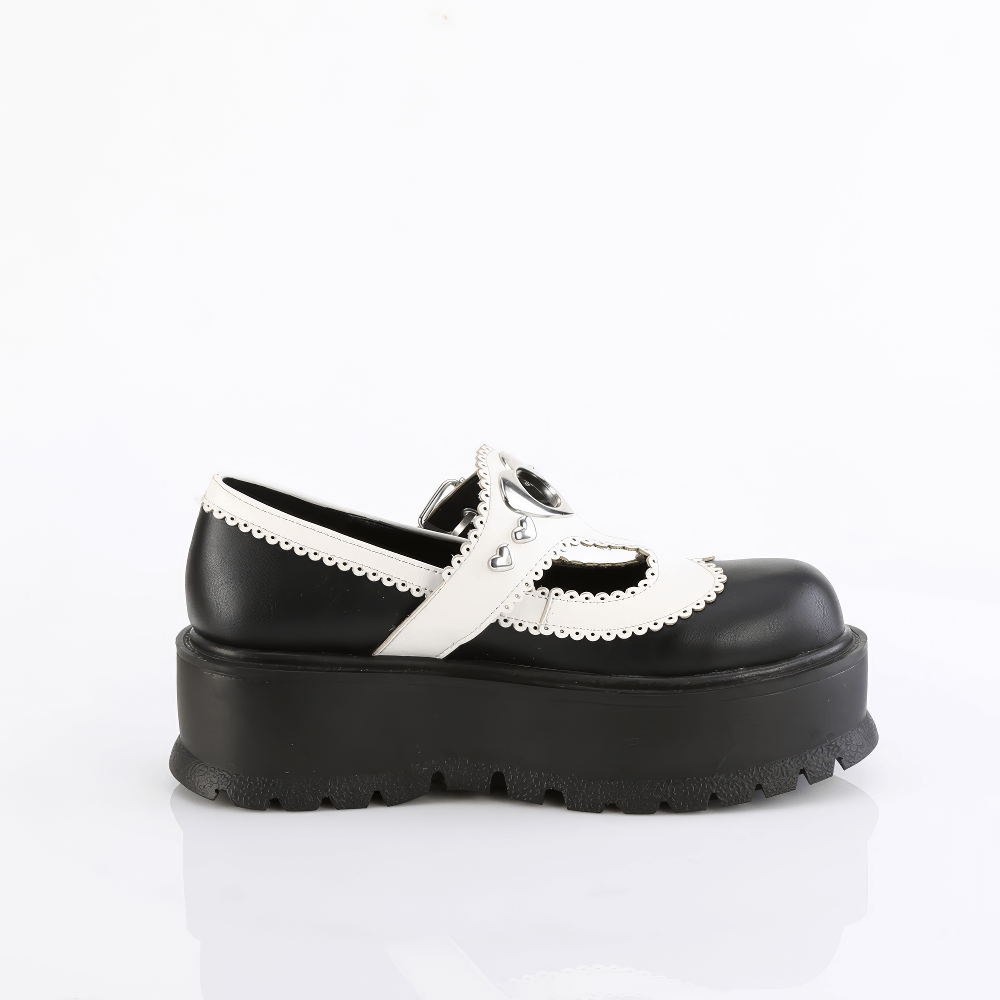 Demonia Black and White Platform Mary Jane Shoes with Heart Details and Scallop Edges
