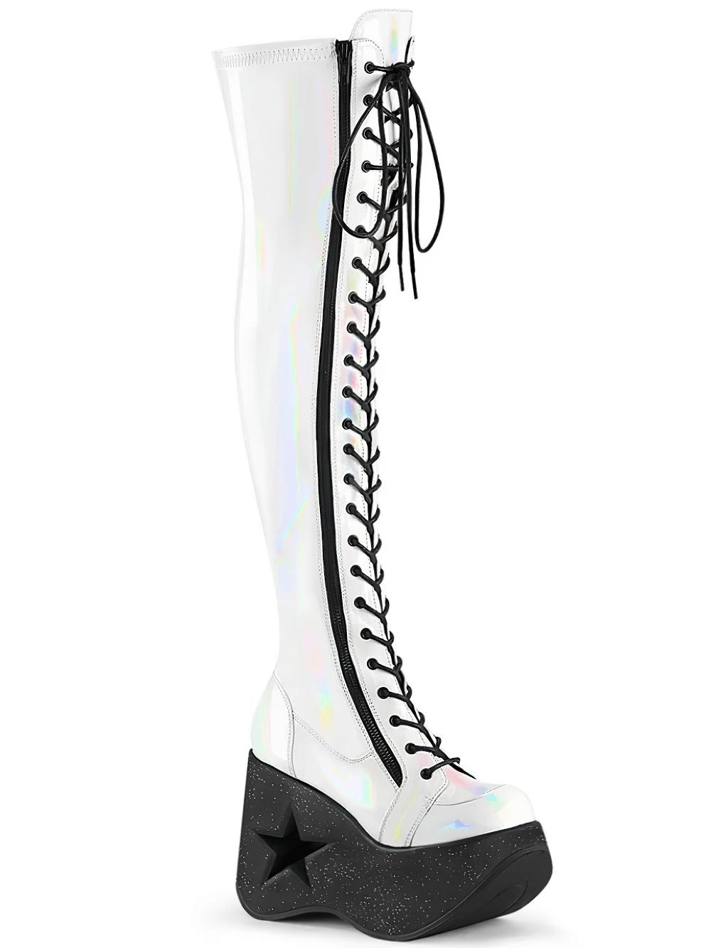 Demonia Holo Star thigh-high boots in iridescent white with star wedge platform and black laces.