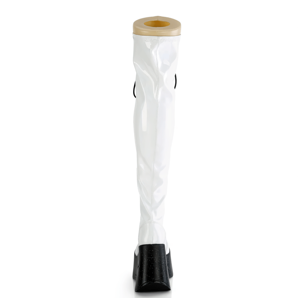 Back view of DEMONIA Holo Star thigh-high white boots with star wedge platform and shiny iridescent finish.