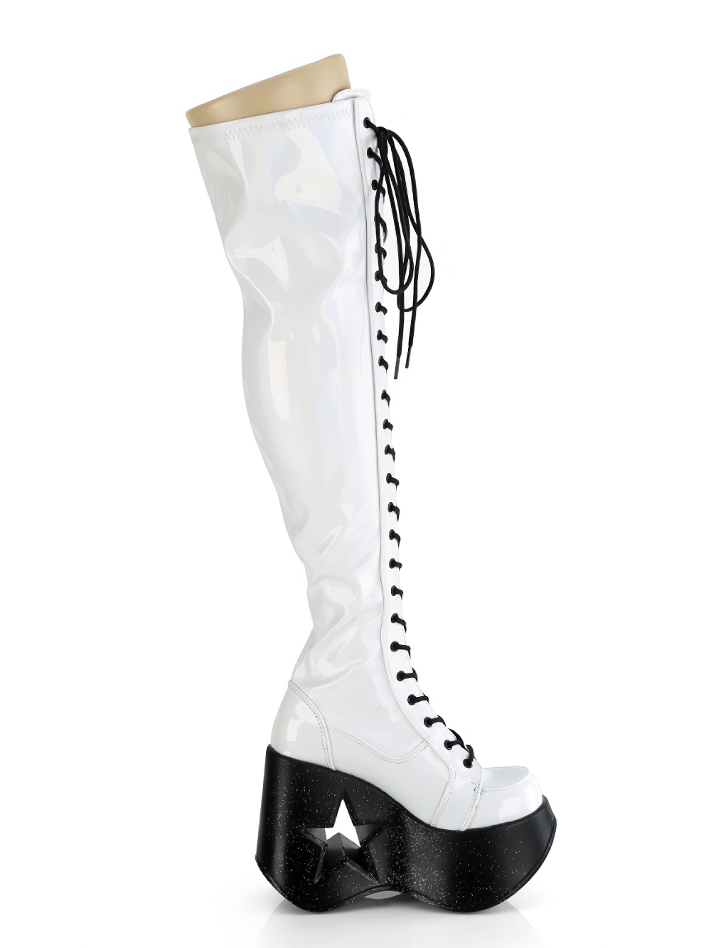 Demonia Holo Star thigh-high boots in iridescent white with a star platform wedge and black laces.