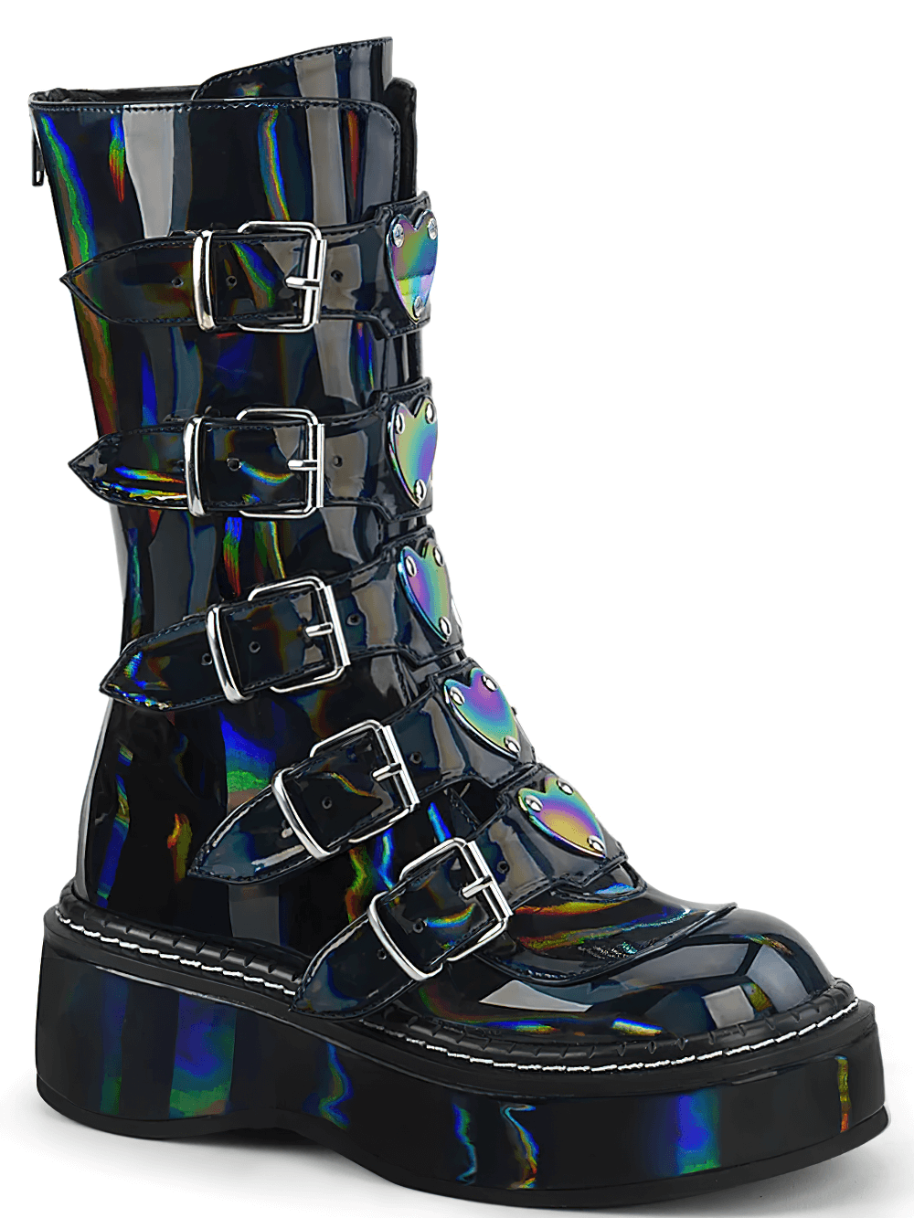Demonia holographic mid-calf buckle boot with heart accents and 2-inch platform.