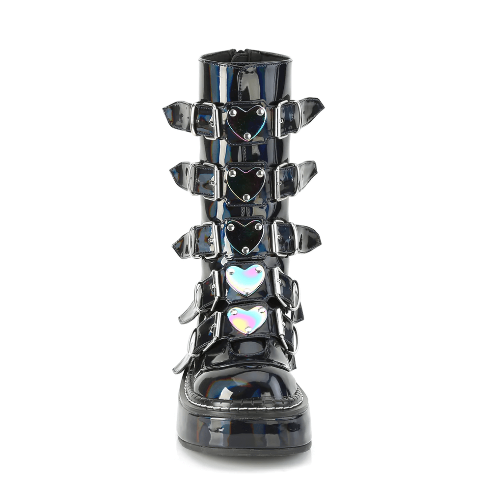 Demonia mid-calf holographic buckle boot with colorful heart accents and shiny finish.