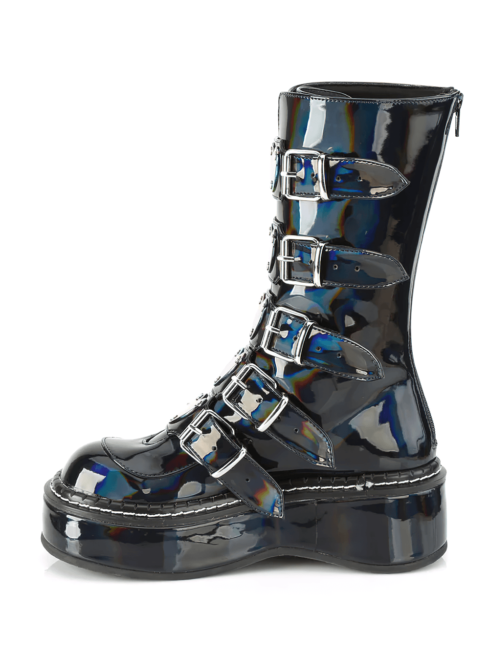 Demonia holographic buckle boot with heart accents, mid-calf style, bold platform, stylish and eye-catching design.