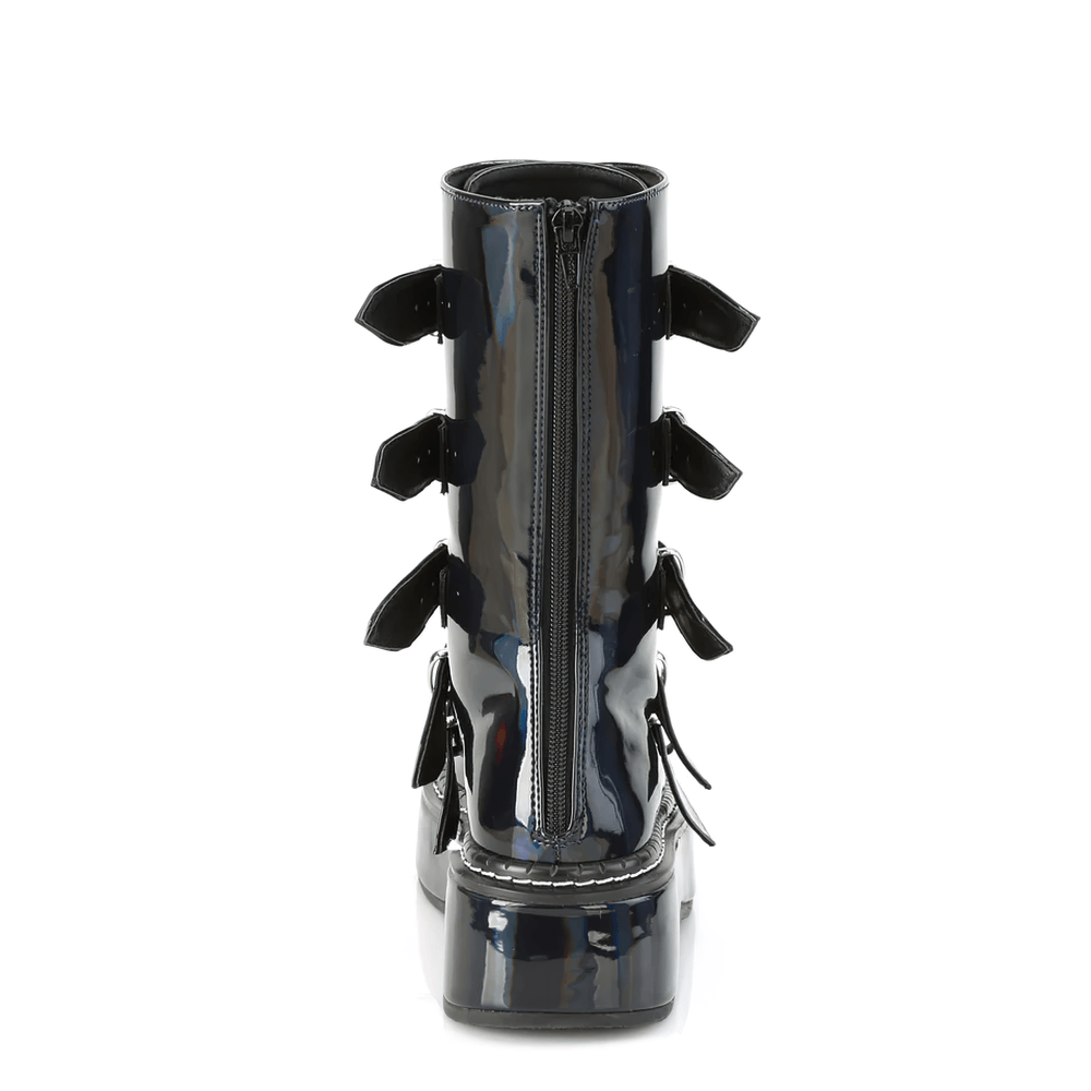 Black mid-calf holographic buckle boot with colorful heart accents and back zip closure.