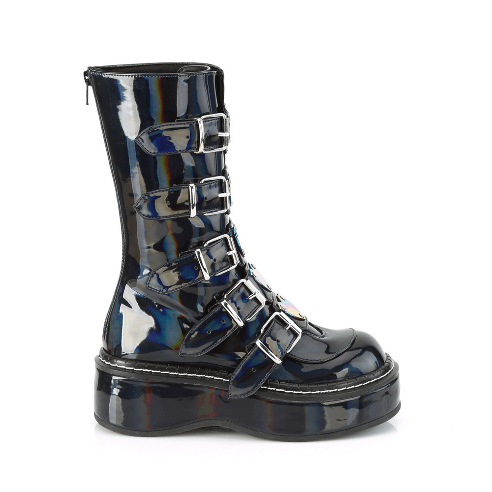Demonia holographic mid-calf buckle boot with heart accents and 2-inch platform.