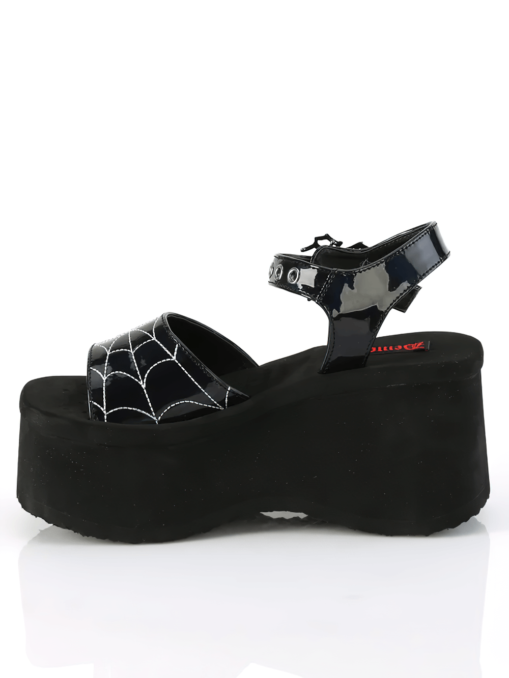 DEMONIA Holographic Spider Web Patent Leather Sandals
