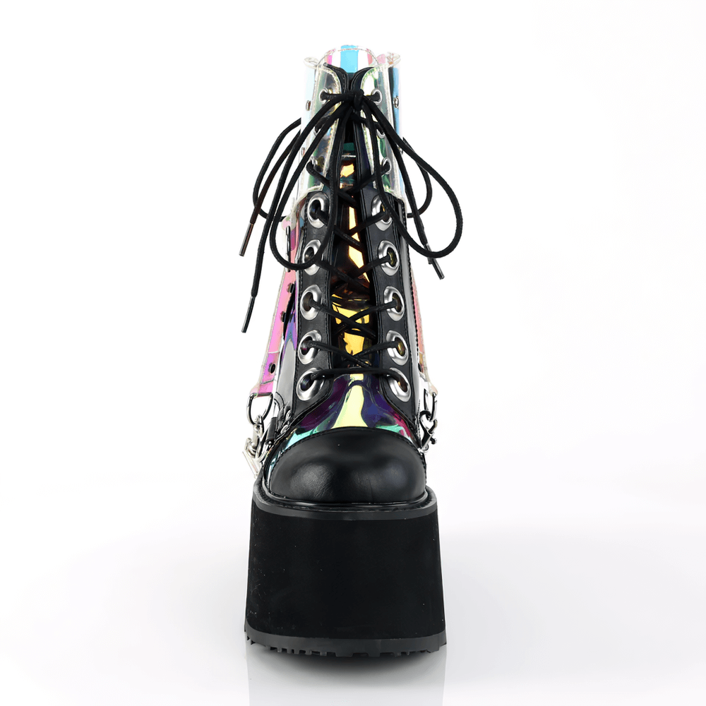 Demonia holographic wedge platform boots with bondage straps, lace-up front, and removable harness.