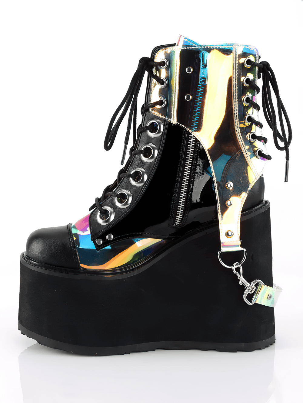 Demonia holographic wedge platform boots with bondage straps, featuring a dynamic lace-up design and removable harness.