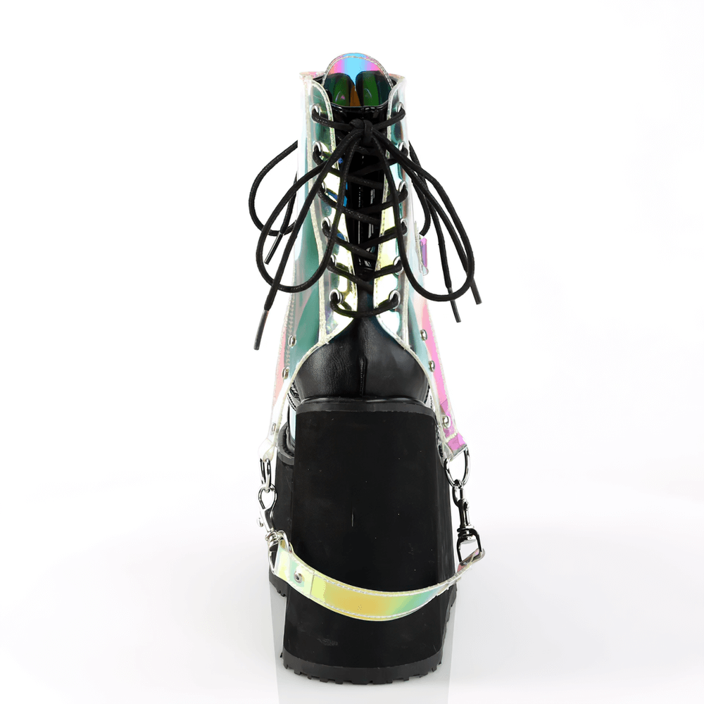 Demonia holographic wedge platform boots with bondage straps and lace-up detail, perfect for alt-fashion.