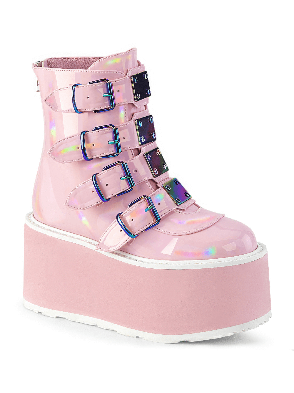 DEMONIA Iridescent Pink Holo Ankle Boots with Metal Accents
