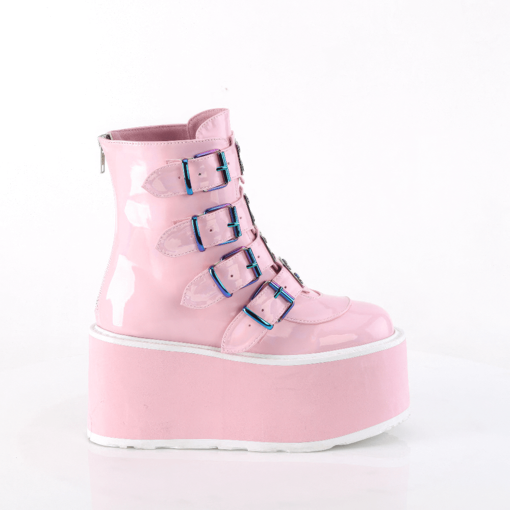 DEMONIA Iridescent Pink Holo Ankle Boots with Metal Accents