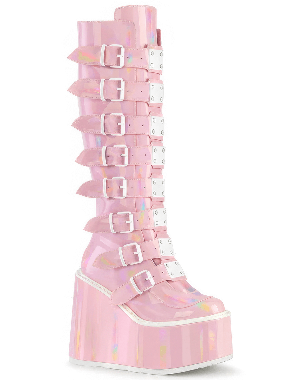 Iridescent pink knee-high bucks with eight buckles and a 5.5-inch platform, perfect for a bold edgy style.