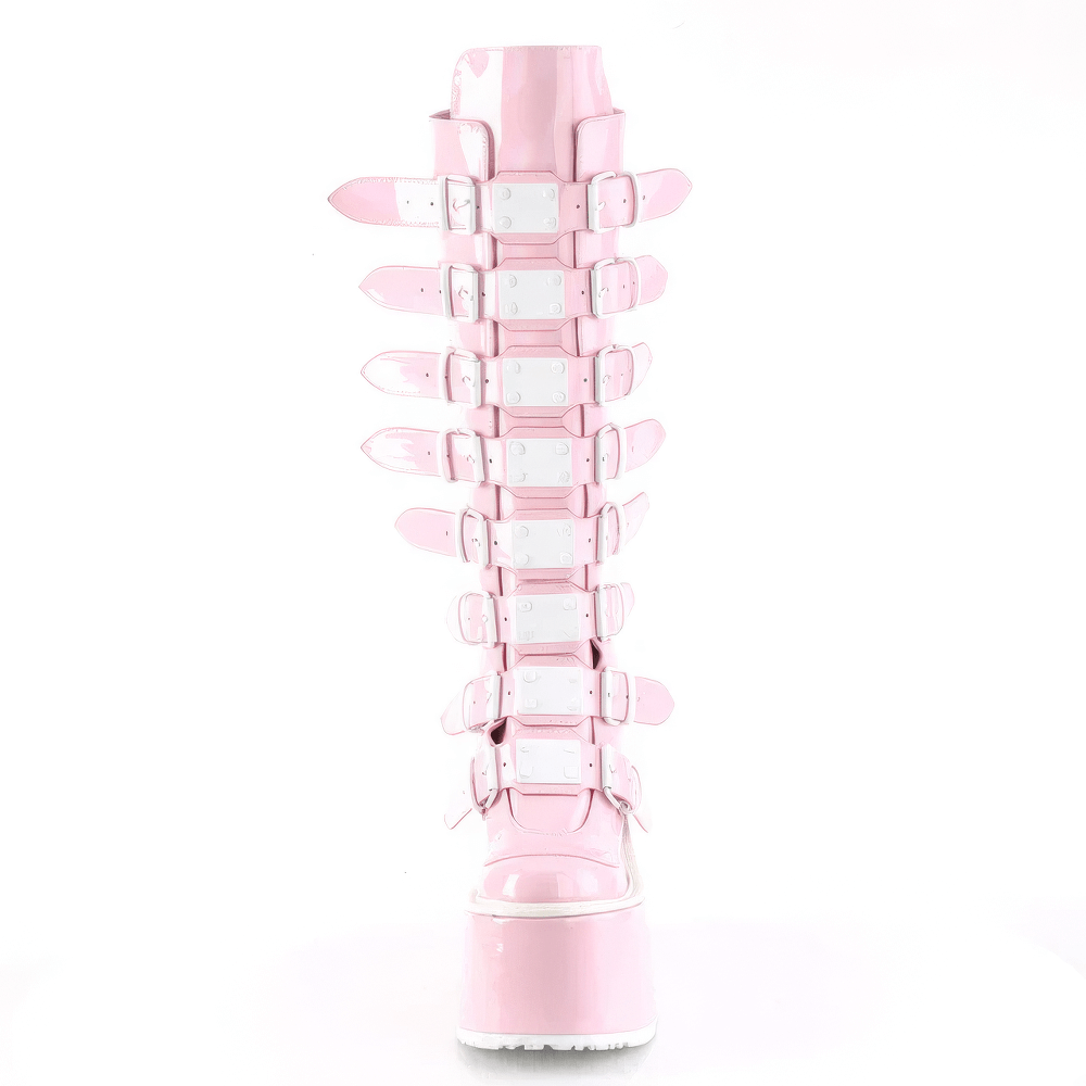 Demonia iridescent pink knee-high buckled boots with a 14cm platform and metal accents.