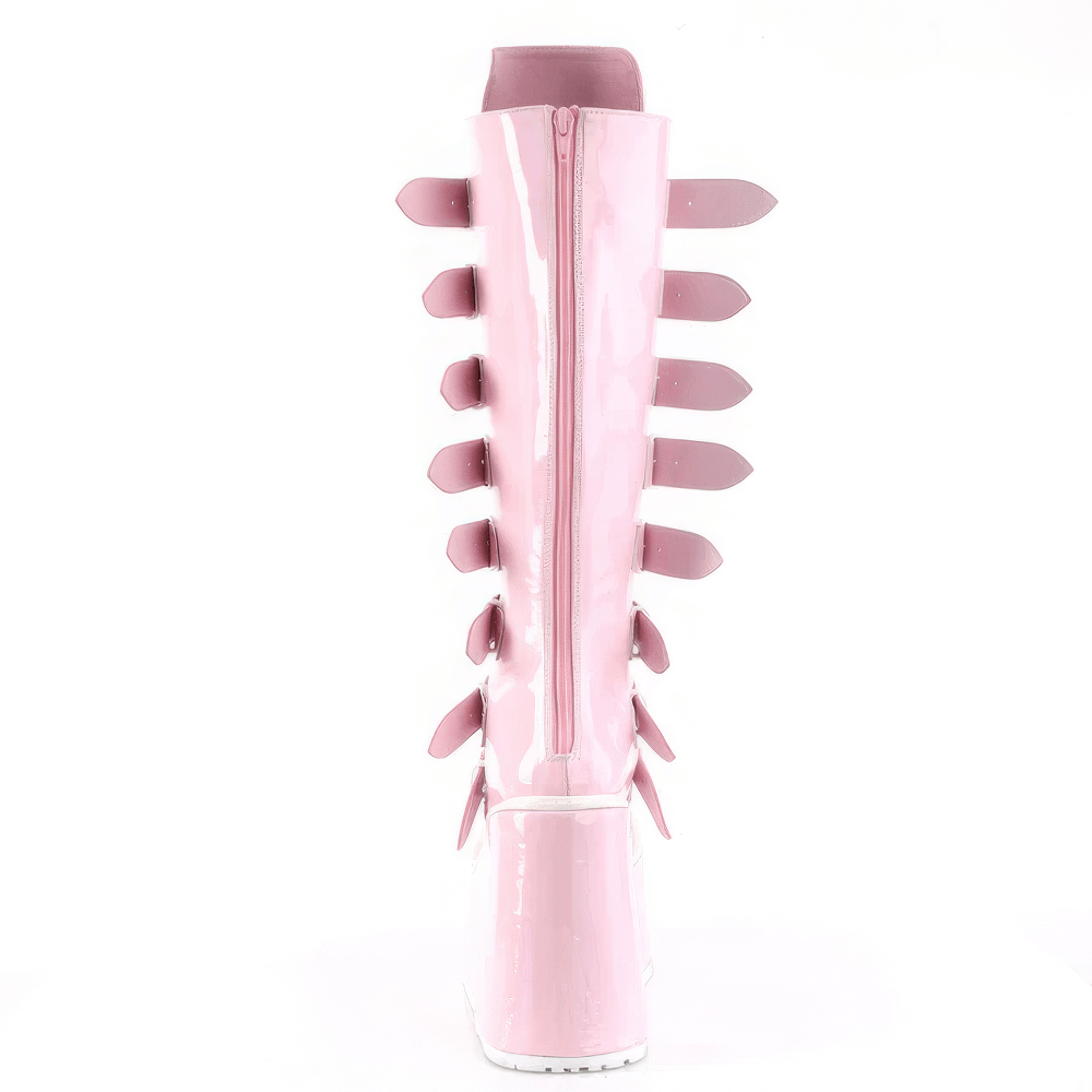 Back view of pink holographic knee high platform boots with buckle straps and metal zip closure.