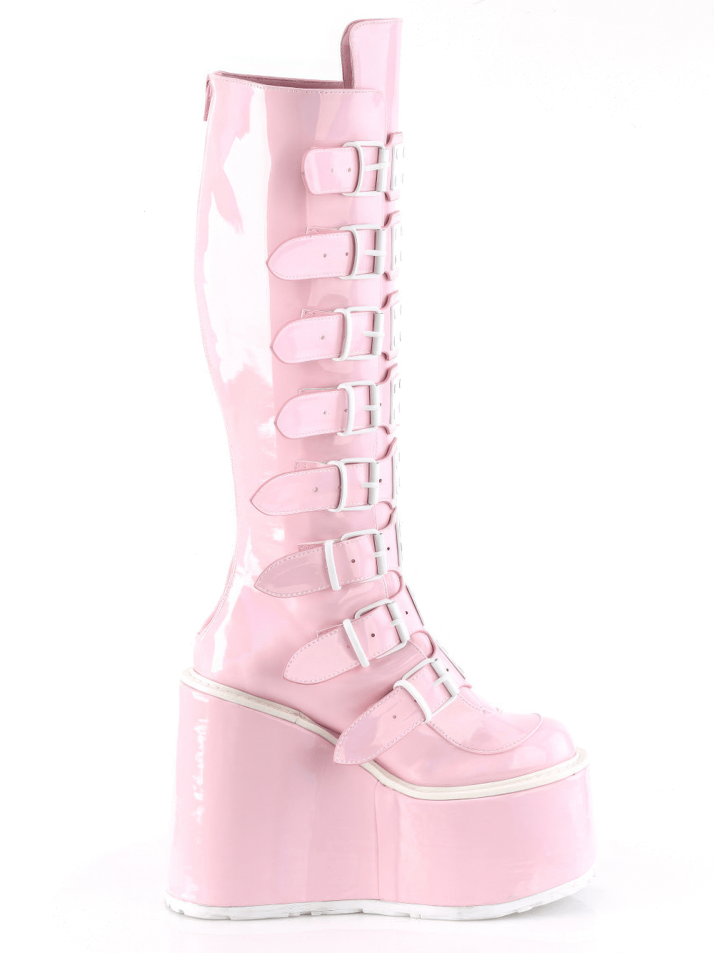 Pink holographic knee-high buckled platform boots with 5.5" heels, featuring eight buckle straps for edgy style.
