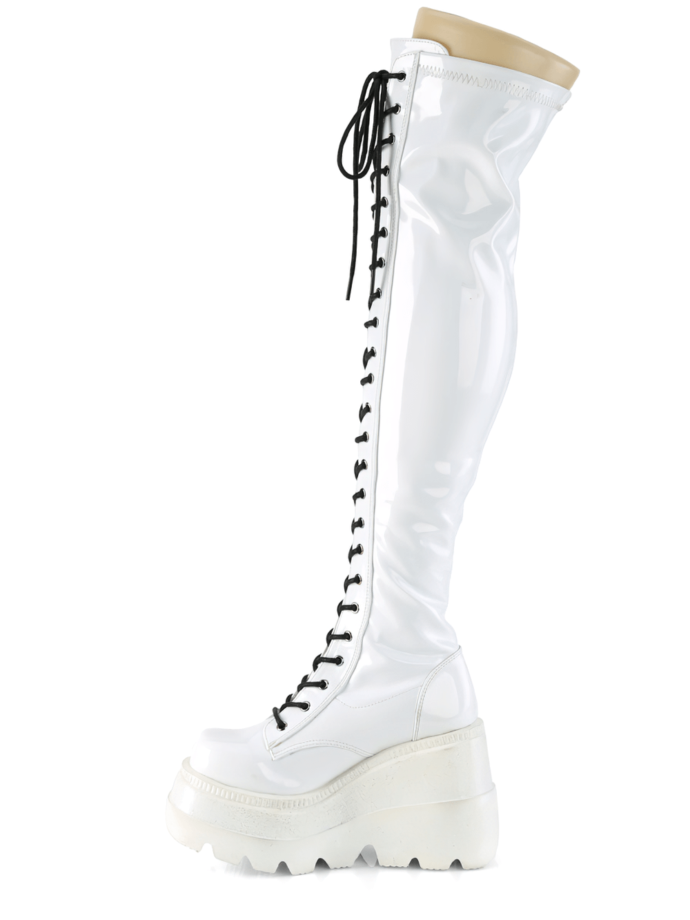 Demonia iridescent white thigh-high lace-up wedge boots with black laces and a striking platform design.